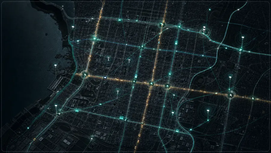 Mapa t&eacute;cnico de corredores, sensores y nodos urbanos conectados.